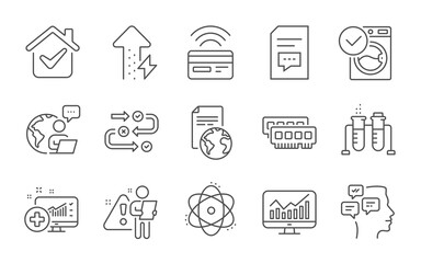 Ram, Atom and Statistics line icons set. Messages, Chemistry beaker and Medical analytics signs. Translation service, Contactless payment and Survey progress symbols. Line icons set. Vector