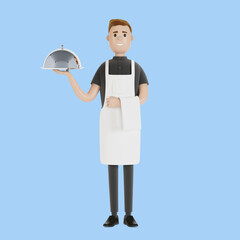 Waiter with a tray. 3D illustration in cartoon style.