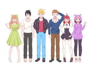Group anime characters. Manga girls and boys, kawaii asian teens in casual japanese or korean cosplay clothes. Smiling young people with waving hand vector trendy cartoon characters
