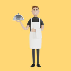 Waiter with a tray. 3D illustration in cartoon style.