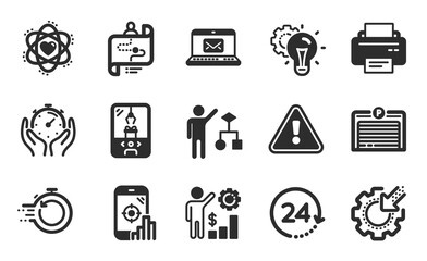 Seo phone, Crane claw machine and Employees wealth icons simple set. Atom, Printer and Parking garage signs. Seo gear, Journey path and 24 hours symbols. Flat icons set. Vector