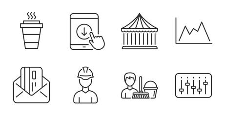 Carousels, Dj controller and Diagram line icons set. Scroll down, Cleaning service and Takeaway signs. Foreman, Credit card symbols. Attraction park, Musical device, Growth graph. Vector