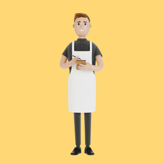 The waiter takes the order with a notebook and pencil. 3D illustration in cartoon style.