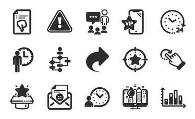 Rotation gesture, Winner podium and Block diagram icons simple set. Diagram graph, 24 hours and Share signs. Time management, Star target and Smile symbols. Flat icons set. Vector