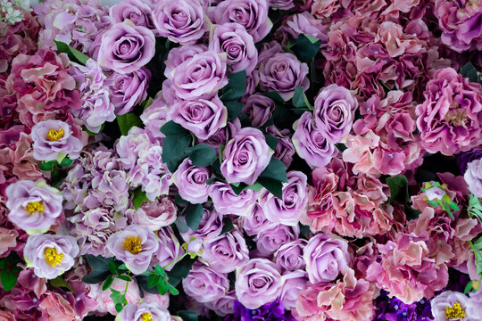 Closeup image of beautiful flowers wall background with amazing colorful roses. Top view