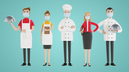 Restaurant staff: chef, cook, assistant, manager, waiter. Catering professionals in uniform. 3D illustration in cartoon style.