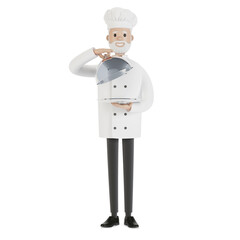 Chef with a silver tray. Presentation of a dish from the chef. 3D illustration in cartoon style.