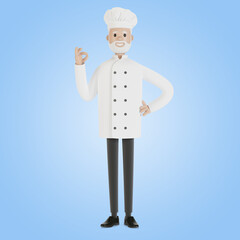 The chef makes the gesture of the perfect dish. 3D illustration in cartoon style.