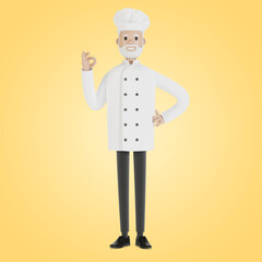 The chef makes the gesture of the perfect dish. 3D illustration in cartoon style.