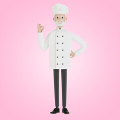 The chef makes the gesture of the perfect dish. 3D illustration in cartoon style.