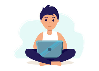 Young man at laptop. Home office during coronavirus outbreak concept, man works from home. Vector illustration in flat style. Stay at home