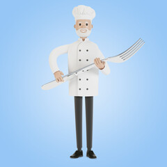 Chef with a large fork. 3D illustration in cartoon style.