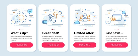 Set of Business icons, such as Recovery gear, Seo gear, Group symbols. Mobile app mockup banners. Payment method line icons. Backup info, Cogwheel, Group of people. Cash or non-cash payment. Vector