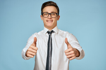 Business man white shirt tie glasses self-confidence official blue background