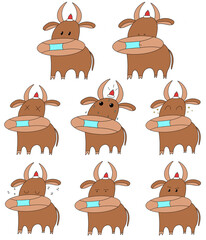 set of stickers of a bull in a medical mask from coronavirus and a Christmas cap. The symbol of the Chinese New Year 2021 is a bull with different emotions and postures. Cheerful, sad, angry buffalo. 