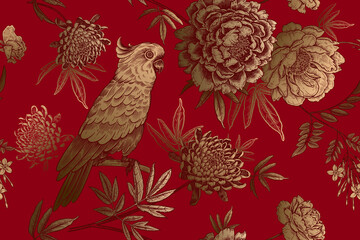 Luxury Seamless pattern. Parrot bird and garden flowers peonies. © marinavorona