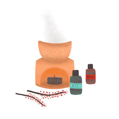 Illustration ceramic aroma lamp with tubes of essential oils, a candle, lavender branches Aromatherapy for relaxation and yoga.Cozy elements of Scandinavian home decor. A candle burns, nature smells 