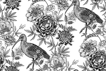 Seamless pattern. Birds Ibis and garden flowers. Black and white