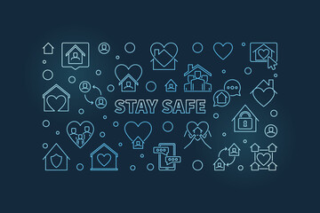 Vector Stay Safe linear blue concept horizontal banner or illustration on dark background