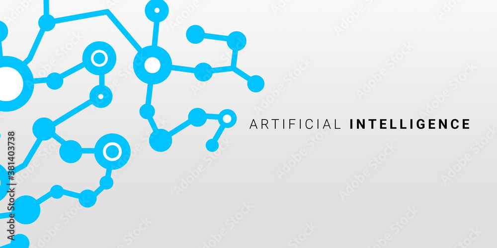 Poster creative illustration for artificial intelligence concept with blue microcircuit lines and dots