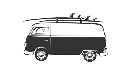 Van with surfboard isolated on white background - obrazy, fototapety, plakaty