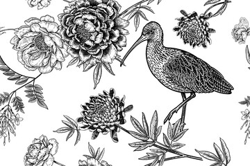 Seamless pattern. Birds Ibis and garden flowers. Black and white