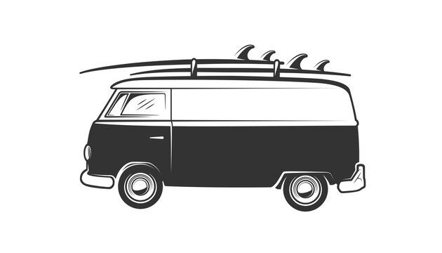 Van with surfboard isolated on white background