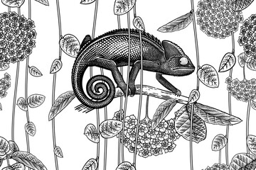 Tropical Flowers, Vines, Leaves and Chameleon. Floral seamless pattern. © marinavorona