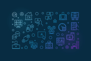 Video Conference linear blue horizontal banner. Vector Webinar concept outline illustration on dark background