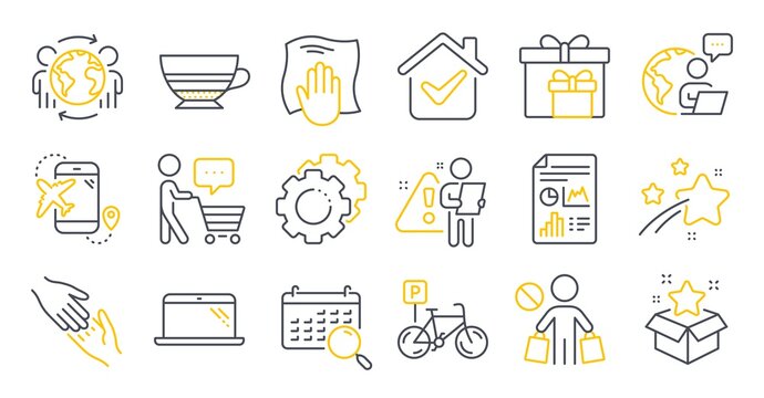 Set of line icons, such as Delivery boxes, Flight destination, Buyer think symbols. Search calendar, Global business, Laptop signs. Report document, Helping hand, Settings gears. Mocha. Vector