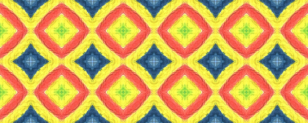 Tibetan Fabric. Abstract Kaleidoscope Design. Repeat Tie Dye Rapport. Ikat Asian Print. Yellow, Red, Green Seamless Texture. Tibetan Hand Drawn Fabric Print.