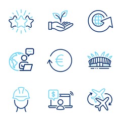 Business icons set. Included icon as Exchange currency, Online shopping, Connecting flight signs. World globe, Star, Helping hand symbols. Foreman, Arena stadium line icons. Line icons set. Vector