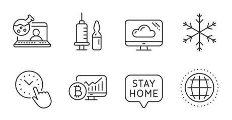 Cloud storage, Time management and Stay home line icons set. Medical vaccination, Snowflake and Globe signs. Online chemistry, Bitcoin chart symbols. Quality line icons. Cloud storage badge. Vector