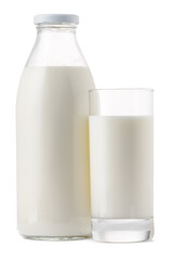 Glass bottle and cup of fresh milk isolated