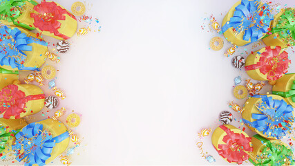Obraz premium Colorful present boxes, candies, jellies on white background. 3D render