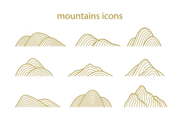 Fotobehang Collection of mountain shapes icons isolated on white background. Line art design. Vector flat illustration.  © artflare