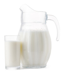 Glass jar and cup of fresh milk isolated