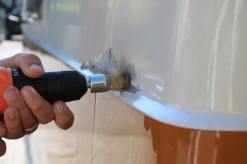 Restoration of old camping car, oldtime, glass fibre , welding, remove rust