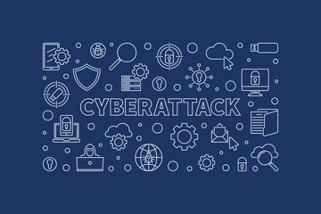 Cyberattack vector concept outline horizontal illustration or banner on blue background