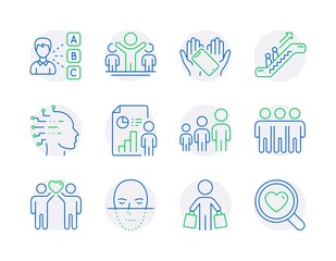 People icons set. Included icon as Friends couple, Artificial intelligence, Business hierarchy signs. Buyer, Smartphone holding, Winner symbols. Face recognition, Opinion, Escalator. Vector