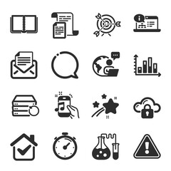 Set of Education icons, such as Diagram graph, Recovery server, Cloud protection symbols. Mail correspondence, Speech bubble, Online documentation signs. Documents, Book, Target. Timer. Vector