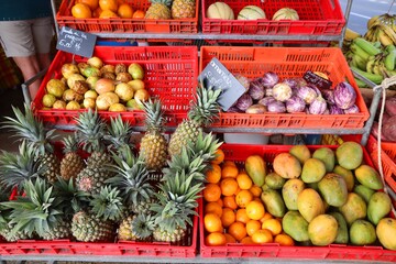 Food market in Guadeloupe. Caribbean island.