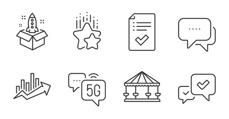 Message, 5g internet and Growth chart line icons set. Ranking stars, Carousels and Approve signs. Startup, Approved checklist symbols. Chat bubble, Wifi technology, Sale diagram. Vector