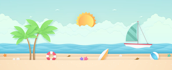 Fototapeta na wymiar Summer Time, seascape, landscape, sailboat with sea, beach and stuff, cloud, sun, paper art style