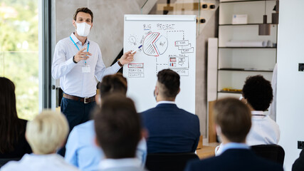 Businessman wearing face mask while giving presentation in board room.