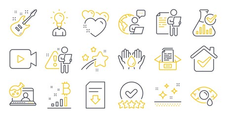 Set of Business icons, such as Rating stars, Clean skin, Chemistry lab symbols. Video camera, Electric guitar, Ð¡onjunctivitis eye signs. Heart, Education, Job interview. Documents box. Vector
