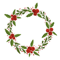 Christmas floral wreath with holly berry. Modern design for Holidays invitation card,  poster, banner, greeting card, postcard, packaging, print. Vector illustration. 