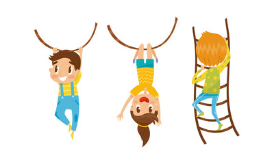 Little Boy and Girl Climbing Ladder and Swinging on Rope Vector Set