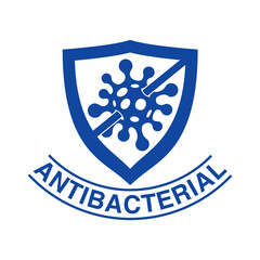 Antibacterial protection emblem - shield with crossed virus bacteria inside - vector isolated sign for antiseptic cosmetics and medical pharmaceutical products