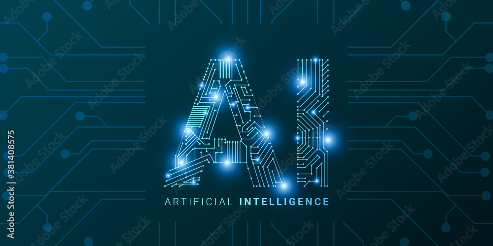 Poster artificial intelligence creative illustration with lettering ai in circuit style, futuristic design